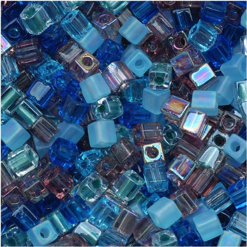 Miyuki 4mm Glass Cube Beads Color Mix Caribbean Blues 10 Grams