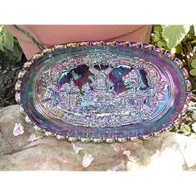 Purple Carnival Glass Scalloped Edge Oval Windmill Bowl