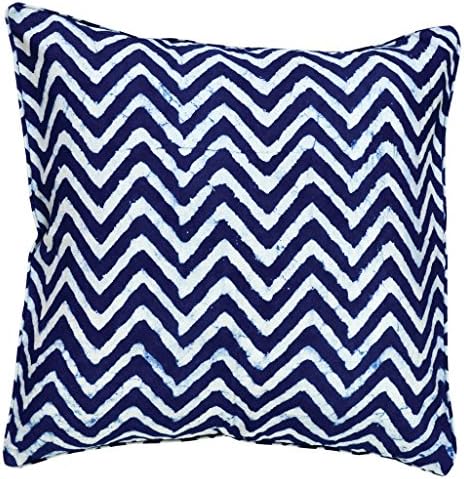 Koyari Indian Ethnic Hand Block Printed Cushion Cover Throw Pillow Case In Fine Cotton 16"X16"(40cmX40cm) Indigo Zig-Zag Print On Off White