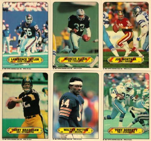 1983 Topps NFL Football Complete 33 Card Sticker Inserts Set Featuring Marcus Allen, Joe Montana, Walter Payton, Terry Bradshaw, Tony Dorsett, Dwight Clark, Dan Fouts, Franco Harris, James Lofton, John Stallworth, Lawrence Taylor, Joe Theismann and More!