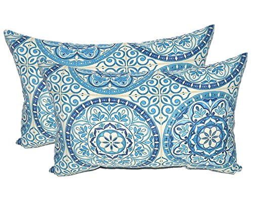 Resort Spa Home Decor Set of 2-26" x 16" Indoor/Outdoor Jumbo, Large, Over–Sized, Rectangle/Lumbar Chaise Lounge Decorative Throw/Toss Pillows - Wheel Indigo - Blue Ivory Large Sundial Fabric
