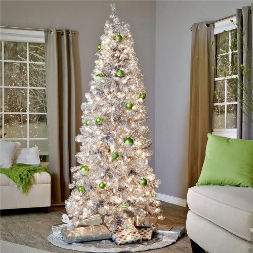 Tinsil Silver 7 Ft Artificial Christmas Tree 350 Clear Lights / Stand Retro