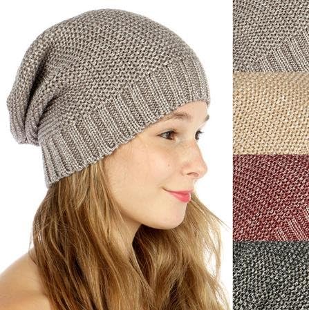Slouchy Metallic Knit Beanie Hat