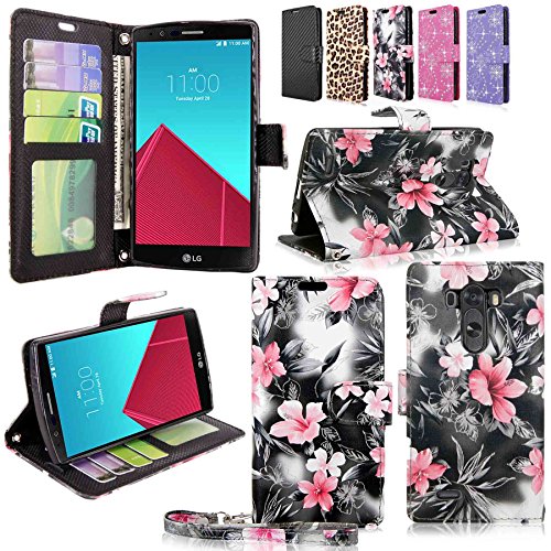 LG G Stylo Case - Cellularvilla Diamond Glitter Pu Leather Wallet Flip Open Pocket ID Card Holder Slots Case Pouch Cover with Wrist Strap for LG LS770 / LG G Stylo / LG G Stylus (Black+Pink_Flower)