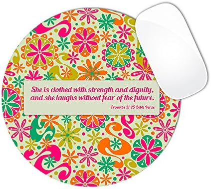 Proverbs 31:25 Bible Verse Floral Flowers Hot Pink And Teal Green Pattern Mouse Pad (ROUND)