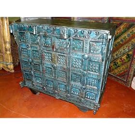 Antique Blue Patina Teak Manjoosh Wood India Sideboard Buffet Chest by Mogulinterior