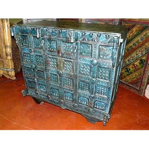 Antique Blue Patina Teak Manjoosh Wood India Sideboard Buffet Chest by Mogulinterior