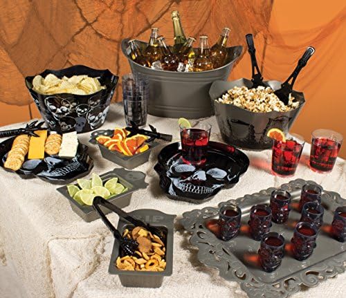 Halloween 30 piece silver and black party kit featuring reusable plastic elegant gothic cocktail drink glasses, skull shot glasses, skull serving trays, tombstone bowls and serving tongs, scalloped edge bowls and serving spoons, scrolled edge platter and an extra large party bucket by Party Peacock