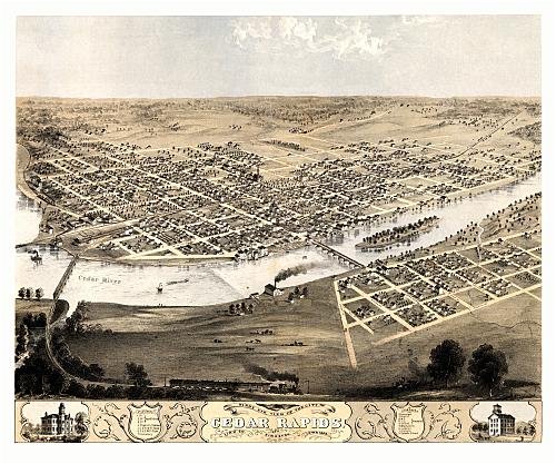 Historic Maps - Cedar Rapids Bird's Eye View Map 1868 Iowa - Linn County - Birds eye view of the city of Cedar Rapids and Kingston, Linn Co., Iowa 1868. 36x54