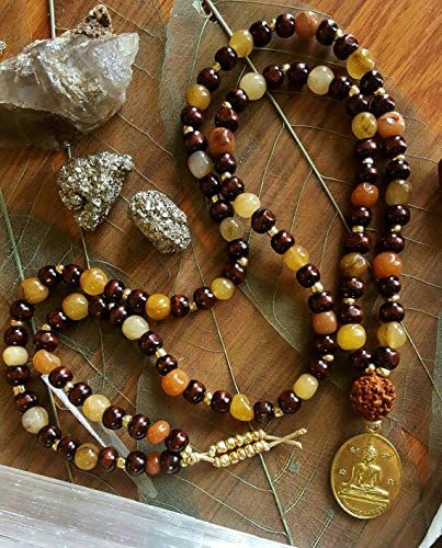 Solar Plexus Chakra 108 Bead Mala Orange &amp; Lemon Agate Vintage Blessed Thai Buddhist Gold Amulet with Natural Wood, Rudraksha Seed Guru Bead