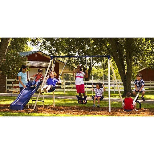 Ultimate Metal Swing Set Includes A Slide See Saw And 3 Swings