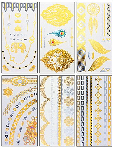 Dalin 6 Sheets Gold Silver and Black Temporary Metallic Tattoos Jewelry Adult Temp Tattoo Long Lasting, Trendy Designs - Elephant, Peacock Feather, Earring, Wings and More