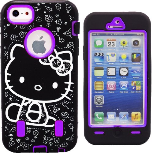Hello Kitty Hybrid Case for Apple iPhone 5 5S Se Purple High Impact Cute Bow Cover with Screen Protectors and Stylus