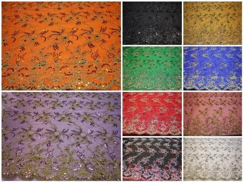 Candy Pink Embroidery Lace Fabric on Mesh, Flower Design Textiles with Double Side Border and Sequins