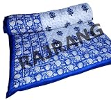 New Jaipuri Handmade Hand Block Print King Size Reversible Cotton Blue & White Quilt Bedspread Bedding