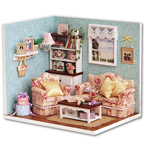 Cuteroom Dollhouse Miniature DIY Wood Kit Dolls house with Cover and LED Toy Christmas Gift Birthday Gift Cute Room--Happy Time