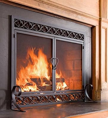 Large Cast Iron Scrollwork Fire Screen With Doors, in Black