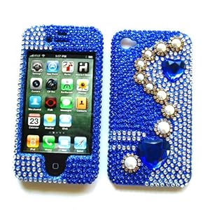 Apple iPhone 4 & 4S Snap-on Protector Hard Case Rhinestone Cover "Bling Bling Blue" Design