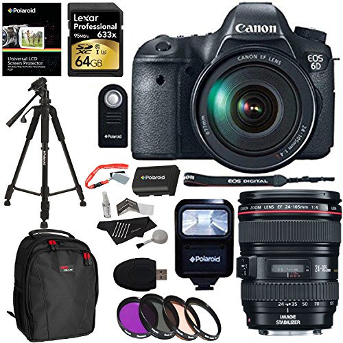 Canon EOS 6D 20.2 MP CMOS Digital SLR Camera with EF24-105mm IS Lens Kit + Lexar 64GB Memory Card + Ritz Gear Bag + Polaroid 57
