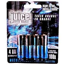 Juice Rechargeable Alkaline Batteries, Size AA, 4-Count Package