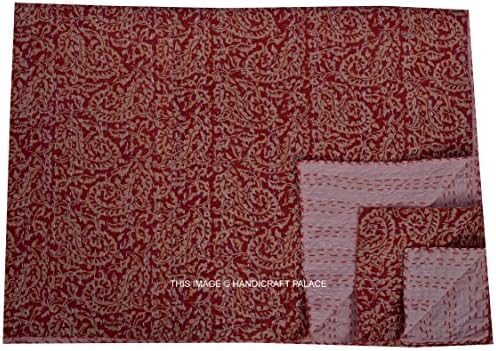 Indian Paisley Kantha Quilt in Twin Size Red Paisley Kantha Throw Bedspread Hippie Gudari