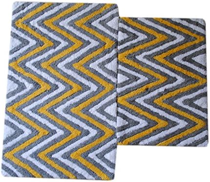 Set of 2 Bath Rugs Made of Pure Cotton Tri-chevron Bath Rug Size 21"x 34"/ 17" X 24" - By Trendsetter Homez (Grey Yellow)