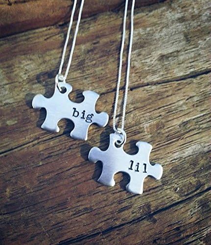 Handstamped big sister little sister necklace set, childrens matching necklace gift set, big sis little sis, puzzle piece