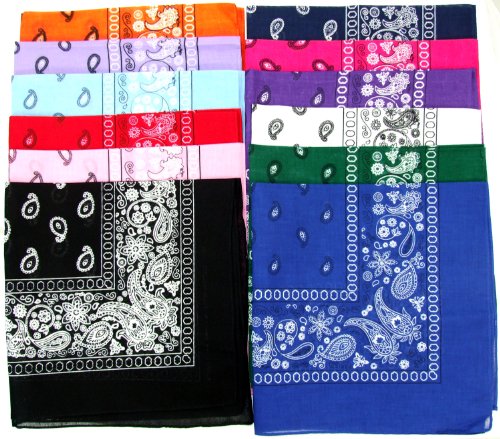 Novelty Bandanas Paisley Cotton Bandanas (12 Colors Assorted, 22 X 22 in)