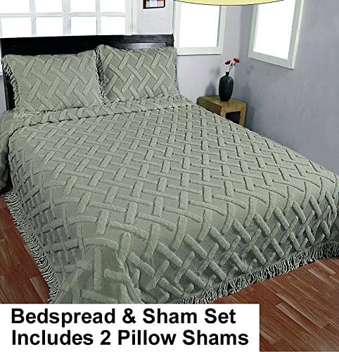 Sage Trellis Queen Size Chenille Bedspread and 2 Sham Set- Clearance Sale