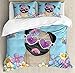Ambesonne Pug Duvet Cover Set Queen Size, Adorable Puppy on The Field Flowers Butterflies Heart Shaped Clouds Open Sky, Decorative 3 Piece Bedding Set with 2 Pillow Shams, Sky Blue Multicolor