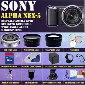 Sony Alpha NEX-5 Interchangeable Lens Digital Camera (Black) With Sony SEL16F28 16mm f/2.8 Wide-Angle Alpha E-Mount Lens + HUGE ACCESSORIES PACKAGE INCLUDING WIDE ANGLE MACRO LENS + 2X TELEPHOTO + 3 PC FILTER KIT + 16GB SDHC MEMORY CARD + EXTENDED LONG LIFE BATTERY + CARRYING CASE + TRIPOD + LENS HOOD + LENS CAP KEEPER & MUCH MORE!!