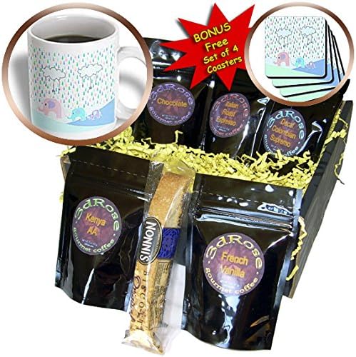 cgb_192539_1 Beverly Turner Baby Stuff Design - Family of Three Elephants in the Rain with Clouds, Aqua, Green, Blue - Coffee Gift Baskets - Coffee Gift Basket
