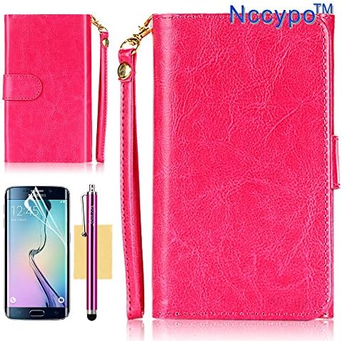 S6 Edge Flip Case, S6 Edge Case, Nccypo Latest Universal 5.5 Case Design PU Leather Hand Strap Wallet Flip Case Cover For Samsung Galaxy S6 Edge/5.5 inch Mobile Phone(Rose Red), with Stylus, Cleaning Cloth and Screen Protector