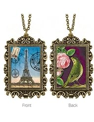 Antique Gold or Silver Tone Paris/Bird Rectangle Pendant Necklace-25 IN + 2 IN