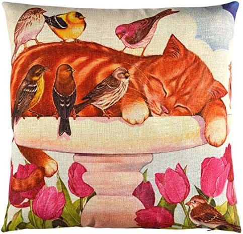Elyhome 18x18 Inches Lovely Birds Relaxing Cat Home Decor Cotton Linen Decorative Square Cushion Throw Pillow Cover