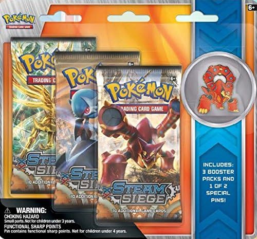 Pokemon TCG XY Steam Siege Volcanion Pin Set featuring, 3 Booster Packs, and 1 of 2 Exclusive Pokemon Pins