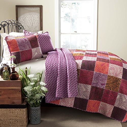 Lush Decor Paisley 3-Piece Patchwork Quilt Set, Full/Queen, Fuchsia