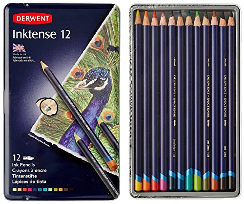 Derwent Drawing Pencils, Inktense, 4mm Core, Metal Tin, Watercolor, 12 Count (0700928)