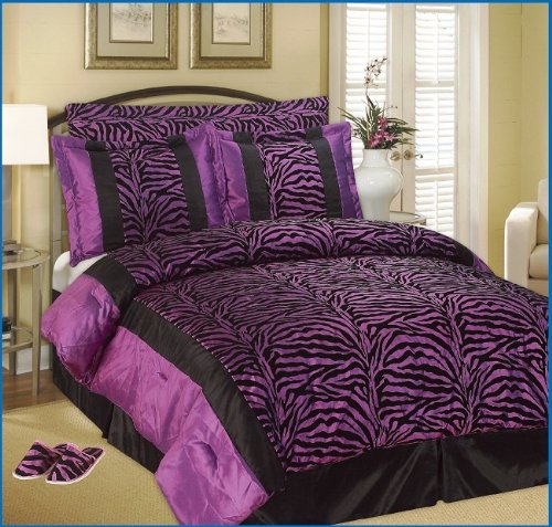 Full / Queen Faux Silk and Flocking Black / Purple Zebra Comforter Set plus a pair of zebra purple slippers Bedding-in-a-bag