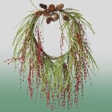 Holiday Decoration Artificial Willow Teardrop Christmas Wreath, 28 tall with red berries, pinecones, and large cow bell, indoor or outdoor, Christmas Decoration