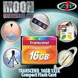 Transcend 16GB 133X CF Card Moon Universal Starter Kit. Kit Includes Transcend 16GB High-Speed 133X CF card, Tabletop bendable Wire Tripod, Multi-Card USB Reader/Writer, LCD Protection Film Kit, Lens cleaning Kit and Memory Card wallet.