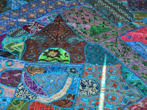 Blue Zardozi Embroidered Beads Sari Indian Bedspread Coverlet Throw Wall Hanging