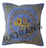 Awesome Look Elephant Design Cotton Cushion Pillow Cover Set with Beautiful Zari Embroidery Work Blue Color Cushion Cover Throw Pillow Cover Comforter Sets India (Size 16x16) (5 Pcs)