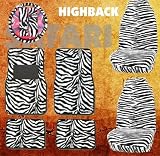 9pc Safari White Zebra Tiger Print Car Floor Mats, High Back Seat Covers, Steering Wheel Cover & Shoulder Pad Set