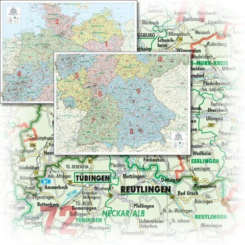 Geocenter Bacher Orga-Karte Deutschland 1 : 500 000. Gefaltet in Schutzh&uuml;lle: Organisationskarte, Verwaltungskarte mit PLZ-Regionen, Nord- und S&uuml;d ...