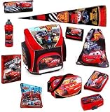 Schulranzenset Disney Cars 16- tlg - Cars Sporttasche + Sch&uuml;leretui gef&uuml;llt, Schlamper, Geldb&ouml;rse, Sportbeutel, Brotdose, Trinkflasche, 6tlg - Schreibset, Heftbox - Gofashion24