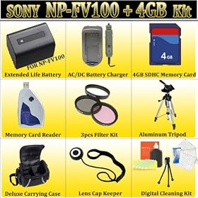 Ultimate Sony NP-FV100 Replacement Extended Long Life Battery + AC/DC Rapid Home & Car Charger + 3pcs Filter Kit + 4GB SDHC Memory Card + Memory Card Reader + Aluminum Tripod + Soft Carrying Case & More For Select Sony DCR-SR68, DCR-SR88, HDR-CX110, HDR-CX150, HDR-CX300, HDR-CX350, HDR-CX500V, HDR-C