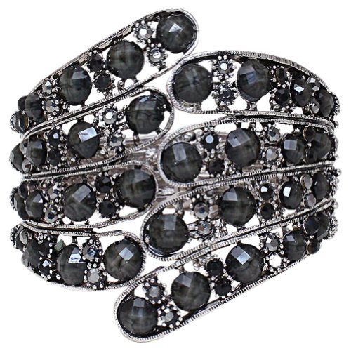 Vintage Inspired Burnished Silver Tone Black Faux Jewels and Crystals Peacock Feathers Bangle Bracelet