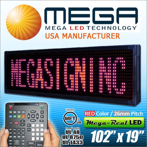 UL Listed Single Red Color LED Sign - Programmable Animated Message Display Board for Outdoor 26mm Pitch, 102