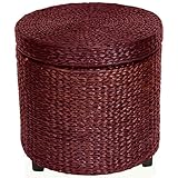 Oriental Furniture Great Unique Asian Design End Table, 17-Inch Woven Water Hyacinth Rattan Style Round Lidded Foot Stool Basket, Red Brown